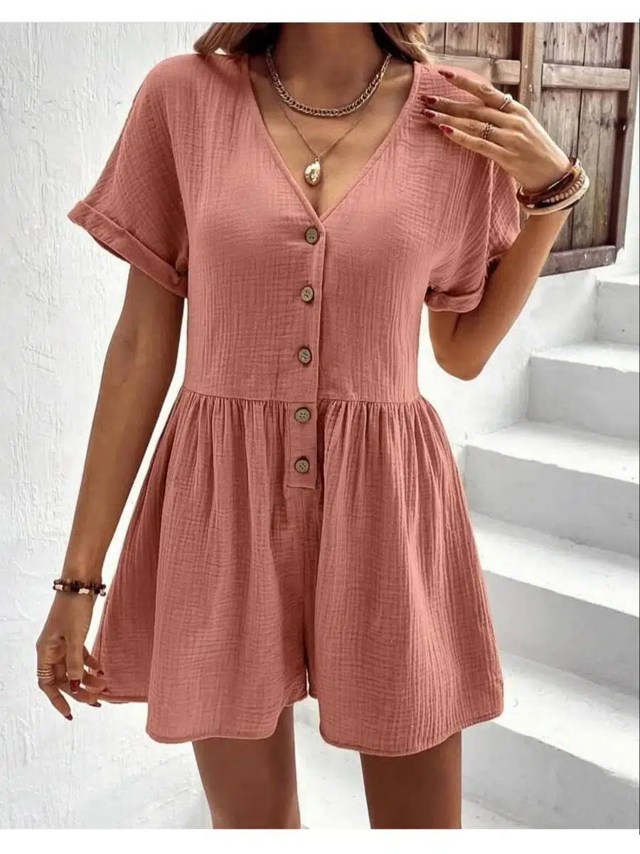 Kadın Kısa Kol Düğmeli Ayrobin Kumaş Tulum (Renkli)