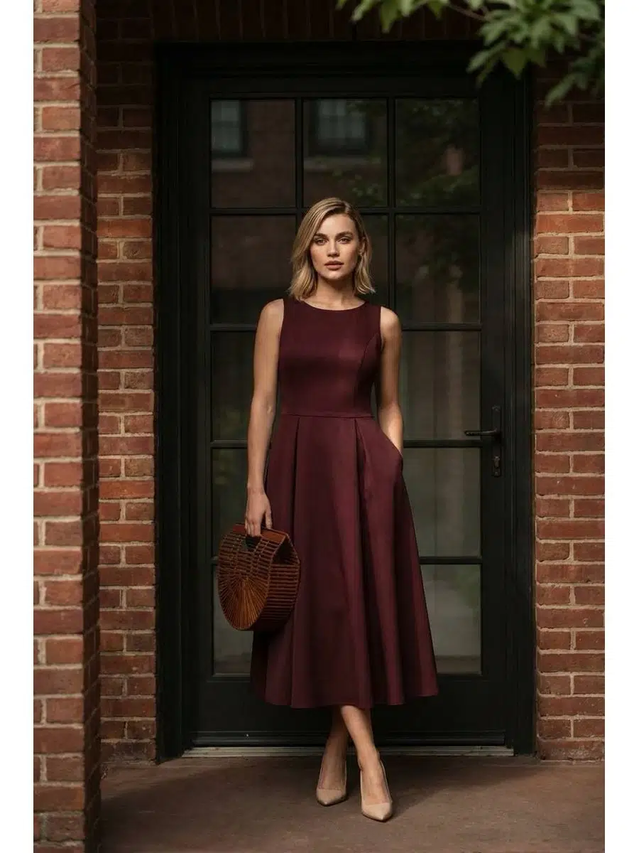 Kadın Kolsuz Bisiklet Yaka Krep Dokulu Hürrem Kumaş Bele Oturan Midi Elbise