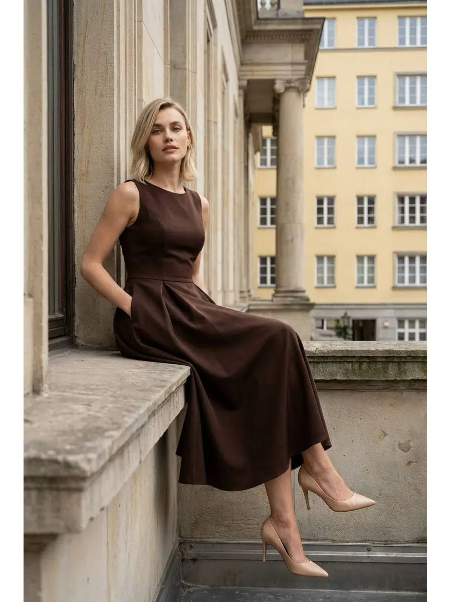 Kadın Kolsuz Bisiklet Yaka Krep Dokulu Hürrem Kumaş Bele Oturan Midi Elbise - kahverengi