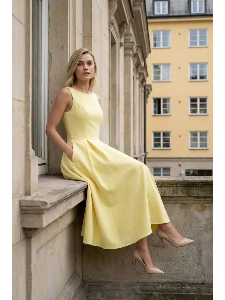 Kadın Kolsuz Bisiklet Yaka Krep Dokulu Hürrem Kumaş Bele Oturan Midi Elbise - Sarı