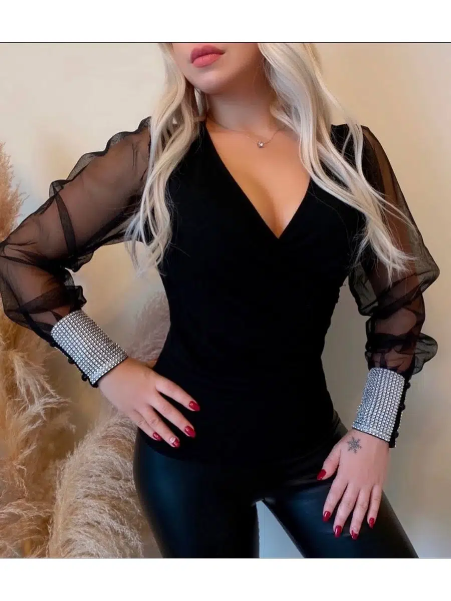 Kadın Kolu Tül Bilek Taş Detaylı Mikro Kumaş Crop Bluz