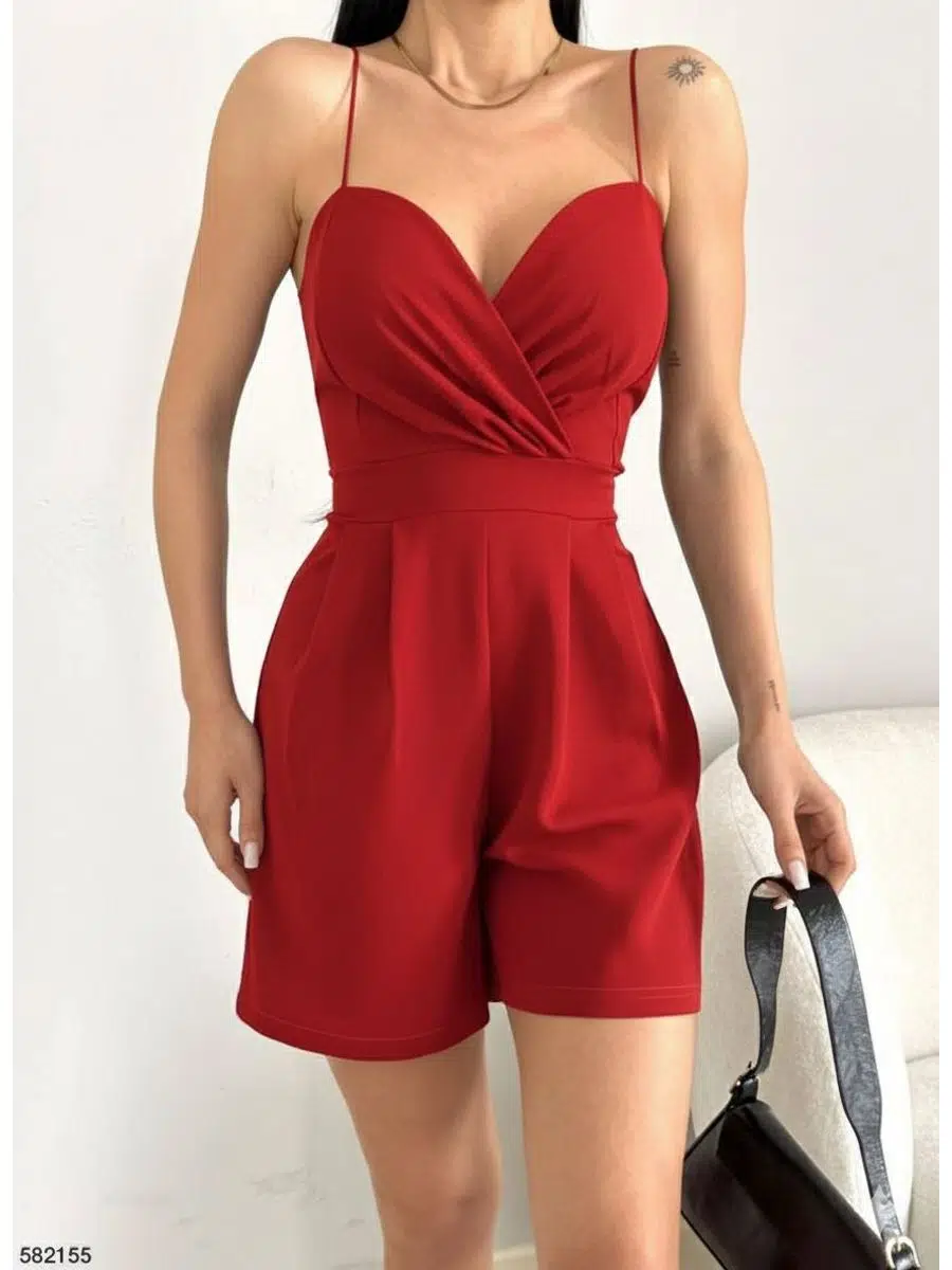 Kadın Krep Kumaş Askılı Şortlu Mini Tulum