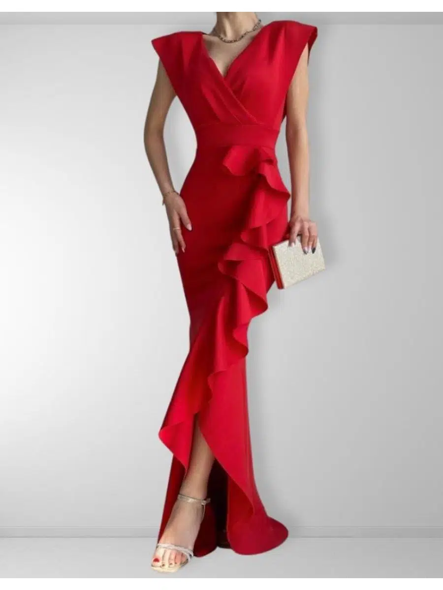 Kadın Krep Kumaş Yaka Eteği Volanlı Abiye Elbise (RENKLİ)