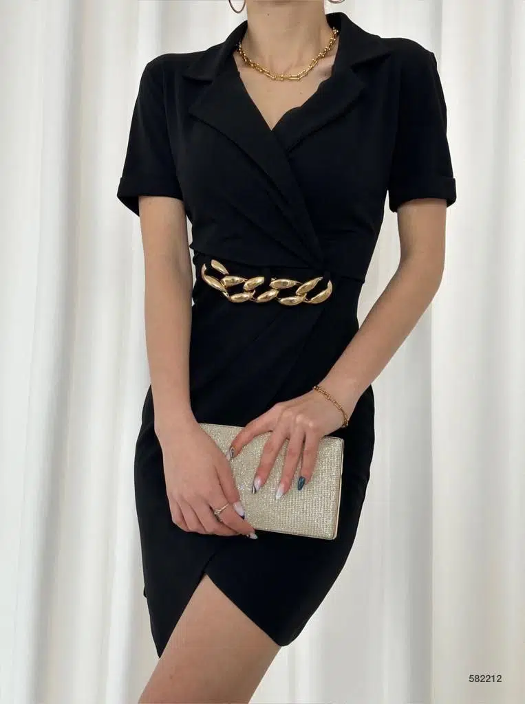 Kadın Kruvaze Gömlek Yaka Zincir Detay Elbise
