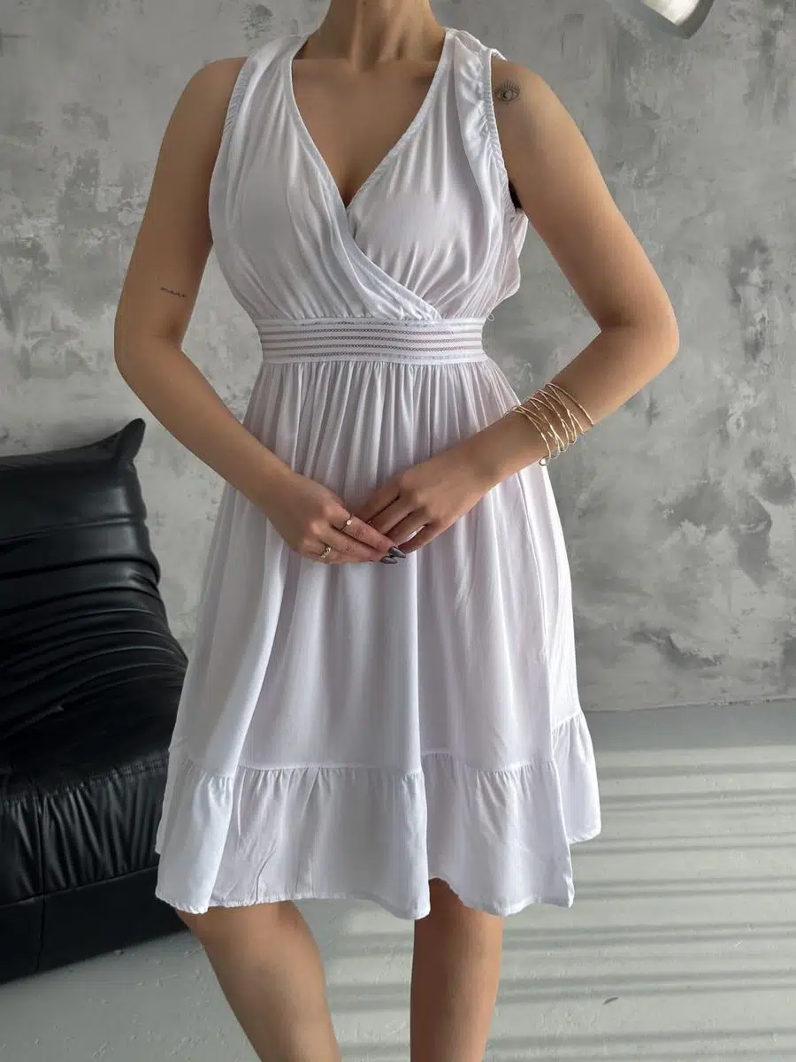 Kadın Kruvaze Yaka Bağlamalı Beli Lastikli Viskon Kumaş Yazlık Elbise (Renkli)