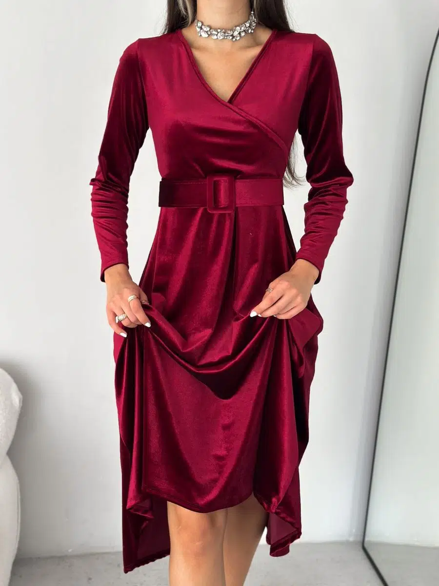Kadın Kruvaze Yaka Detay Kemerli Kadife Elbise (Renk Seçenekli)