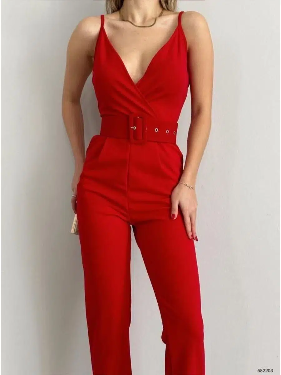 Kadın Kruvaze Yaka Kemer Dahil Sırtı Fermuarlı Krep Kumaş Askılı Tulum (Renkli)