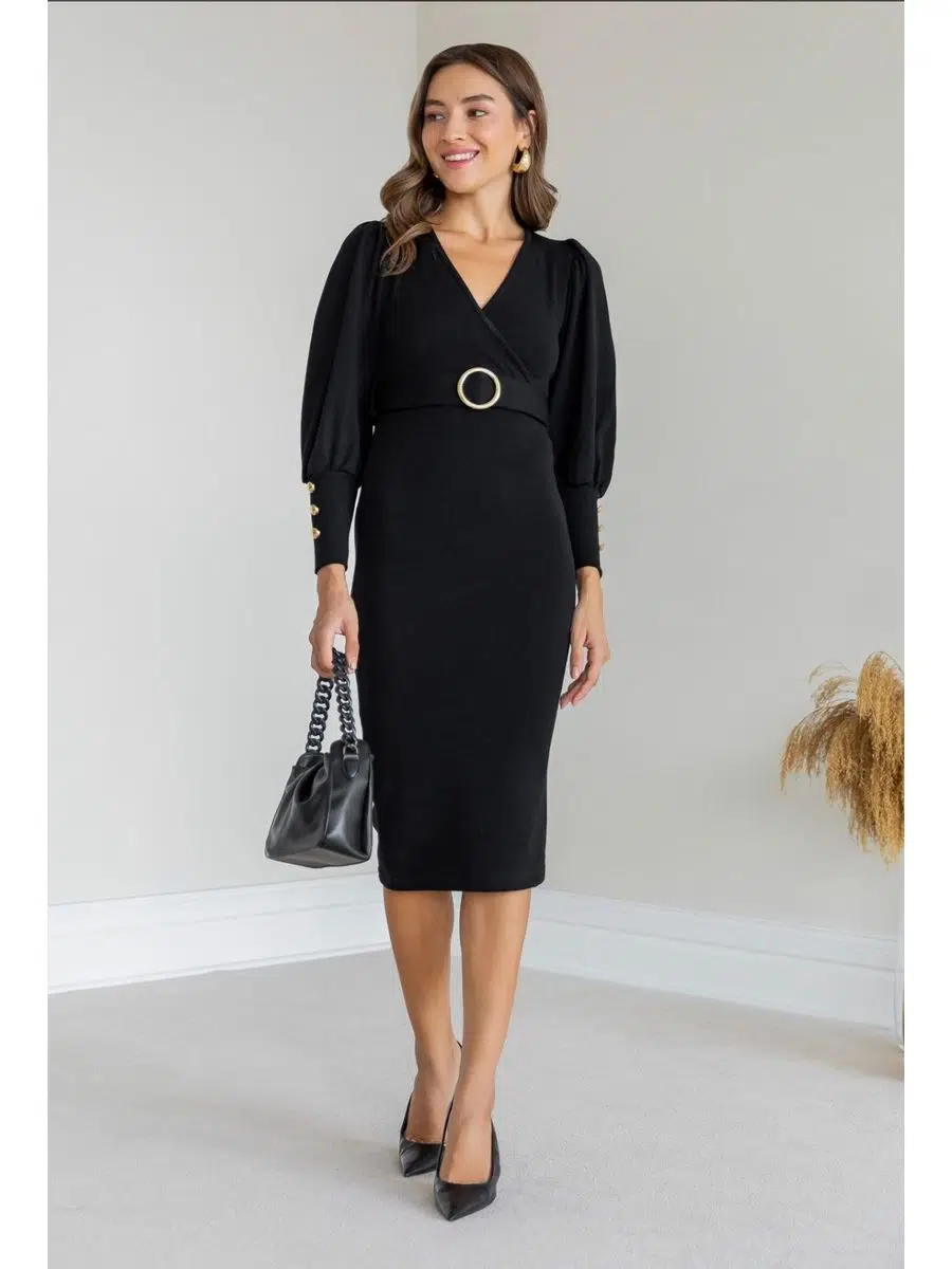 Kadın Kruvaze Yaka Kemerli Kolu Düğme Detay Akrilik Triko Kumaş Midi Elbise (Renkli)