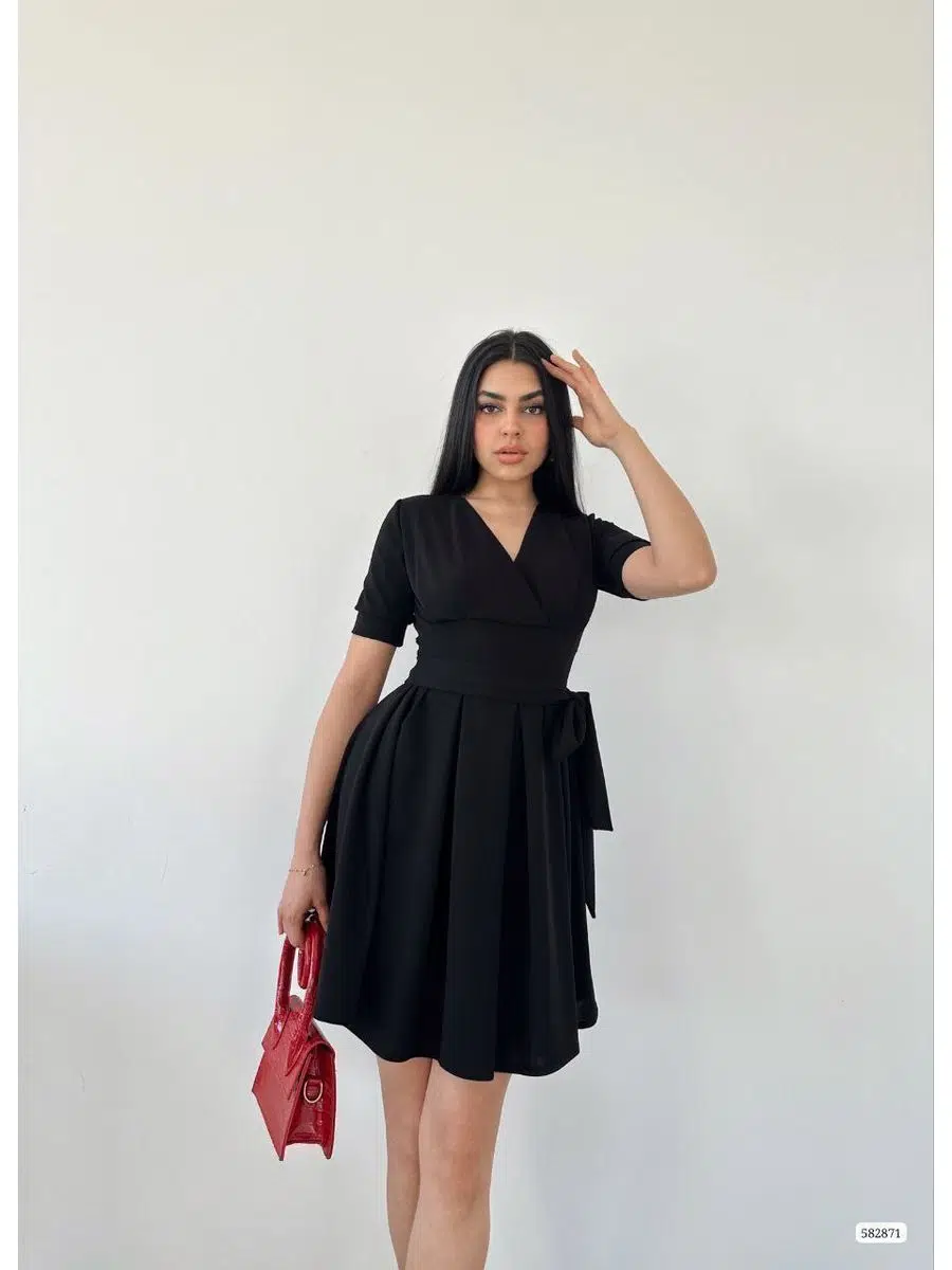 Kadın Kruvaze Yaka Kısa Kol Mini Kloş Elbise