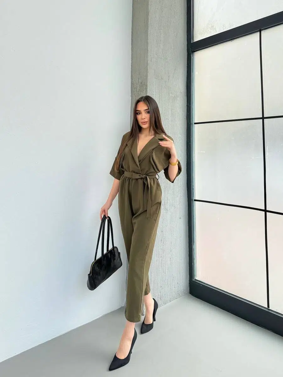 Kadın Kuşaklı ve Cepli Kruvaze Yaka Özel Tasarım Tulum