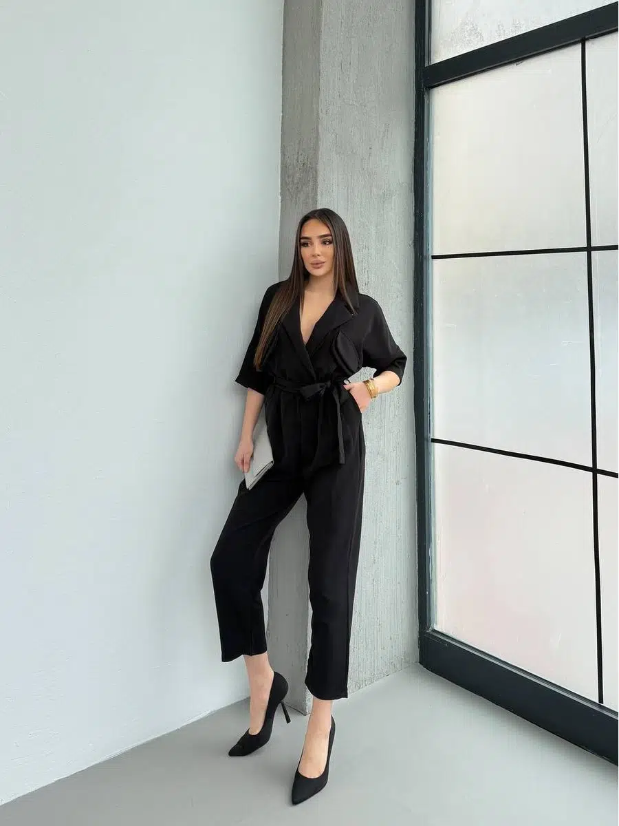 Kadın Kuşaklı ve Cepli Kruvaze Yaka Özel Tasarım Tulum - Siyah