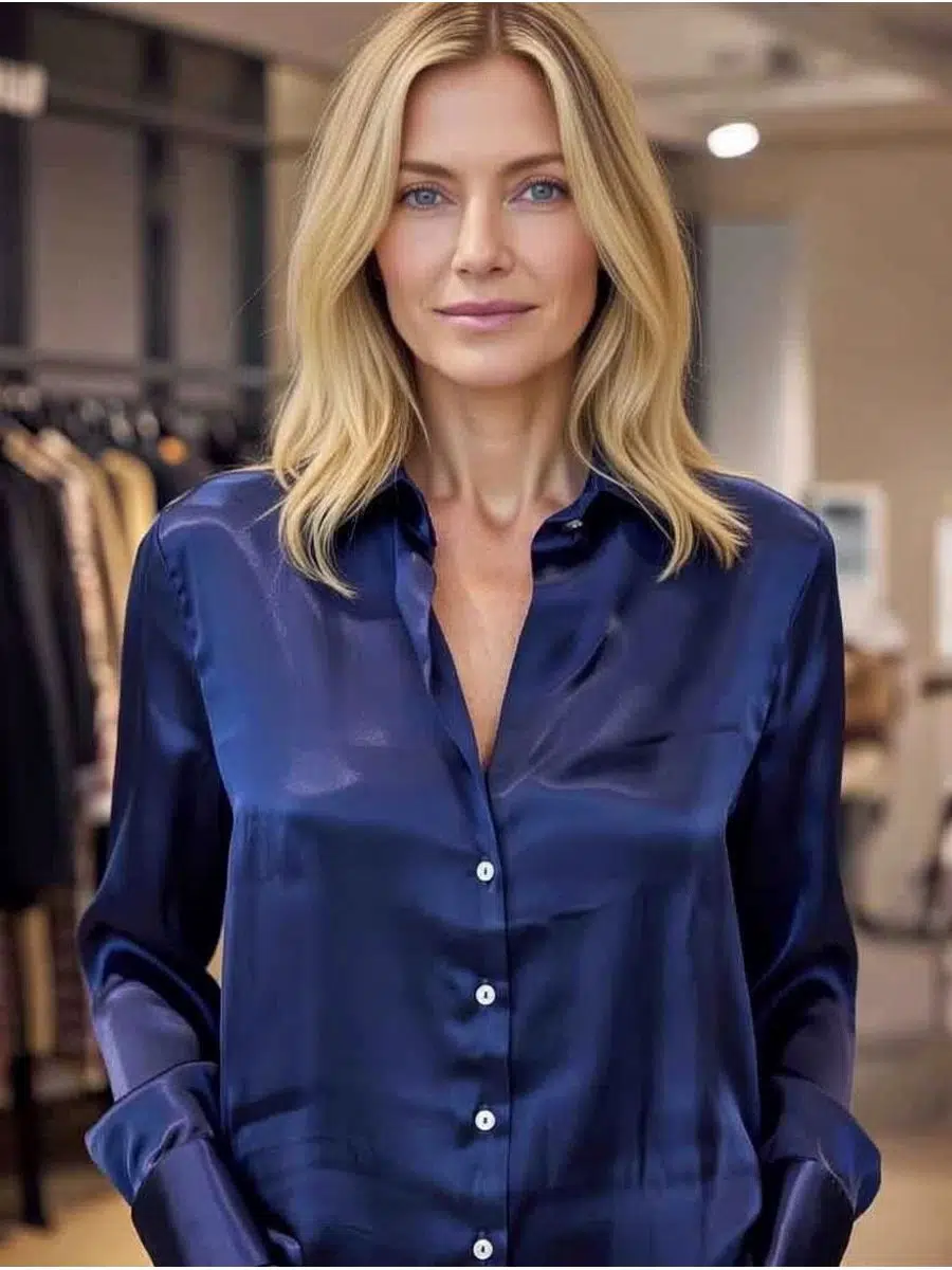 Kadın Lacivert Uzun Kol Saten Gömlek