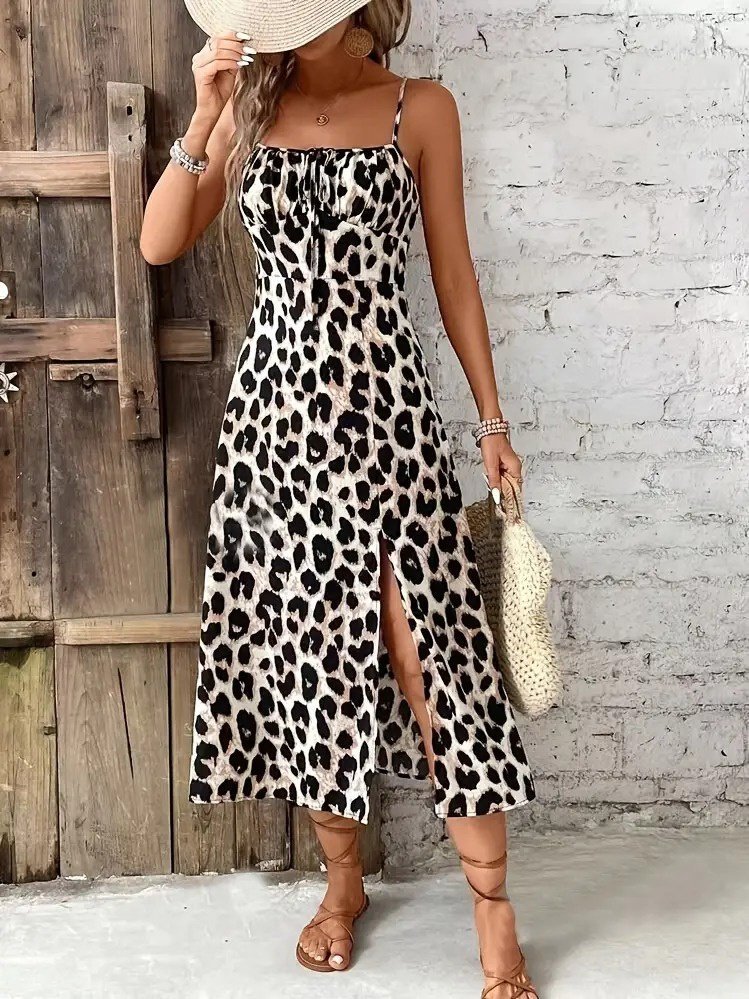 Kadın Leopar Desen Yırtmaçlı Askılı Leopar Desenli Midi Süprem Elbise