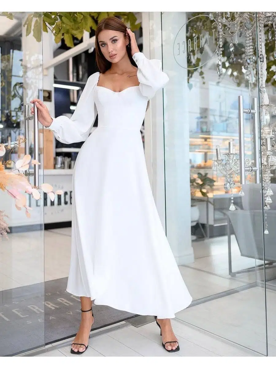 Kadın Madonna Yaka Balon Kol Maxi Boy İthal Double Kumaş Elbise