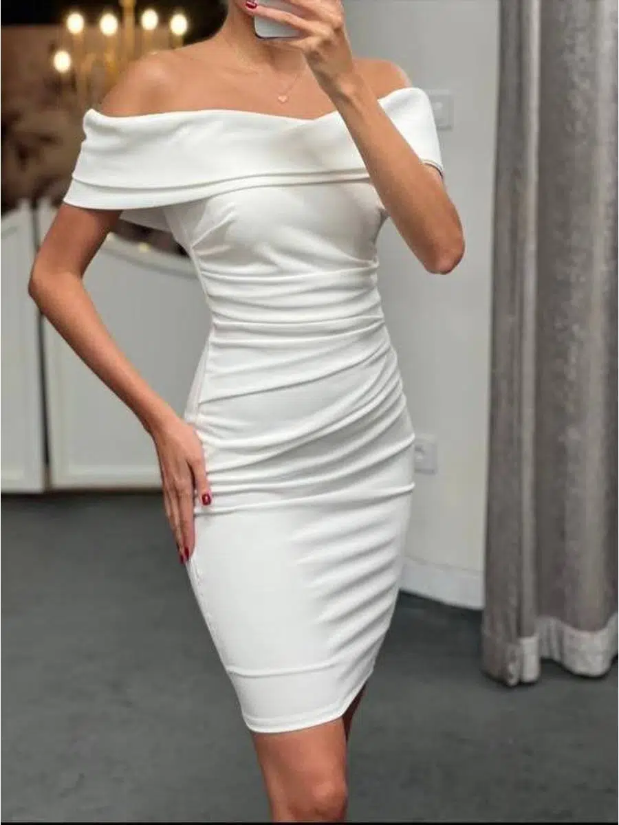 Kadın Madonna Yaka Midi Boy Atlas Kumaş Klasik Elbise (Renk Seçenekli)