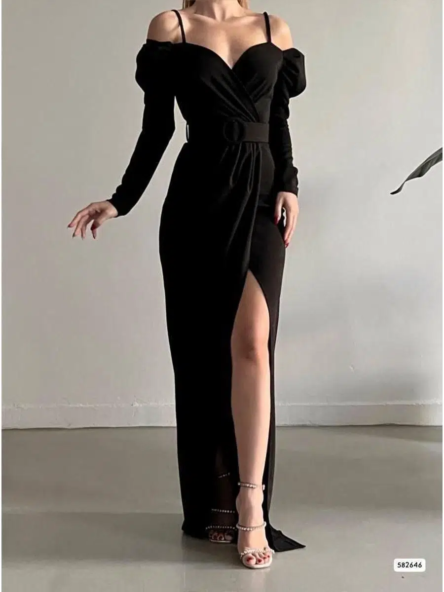 Kadın Omuz Detay Uzun Kol Kemer Dahil Yırtmaçlı Krep Abiye Elbise (Renkli)