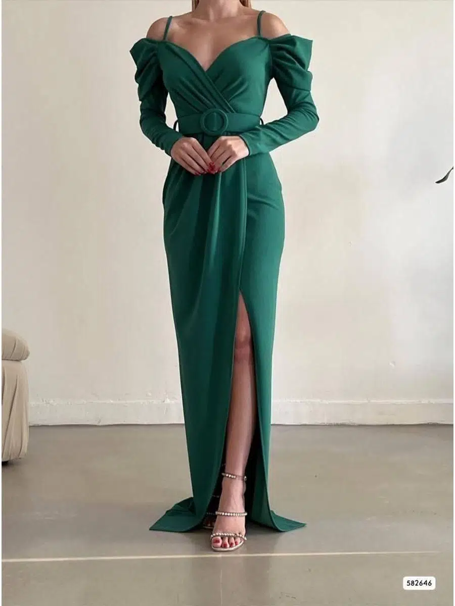 Kadın Omuz Detay Uzun Kol Kemer Dahil Yırtmaçlı Krep Abiye Elbise (Renkli) - Yeşil