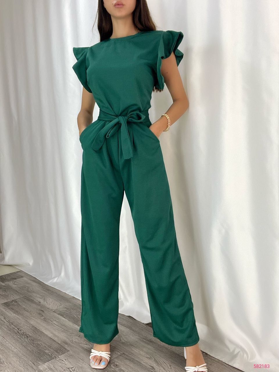 Kadın Omuz Fırfırlı Kuşaklı Krep Kumaş Tulum (Renk Seçenekli)