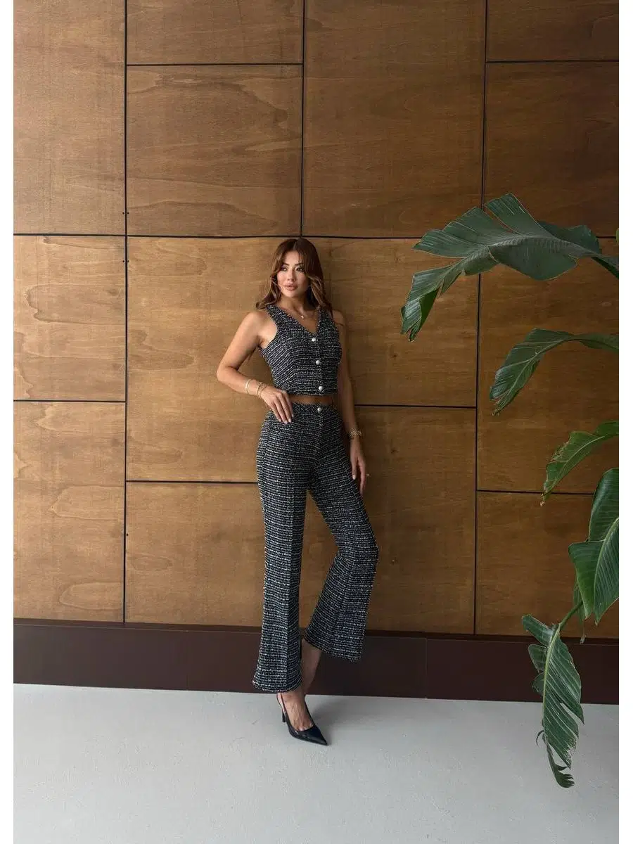 Kadın Şanel Tüvit Kumaş Yelek Pantolon İkili Takım