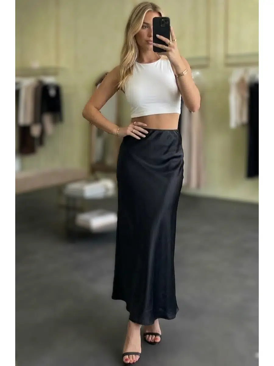 Kadın Saten Kumaş Balık Etek - Siyah