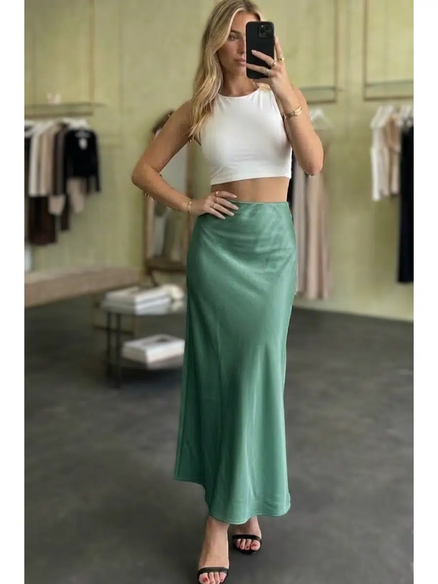 Kadın Saten Kumaş Balık Etek - mint yeşil