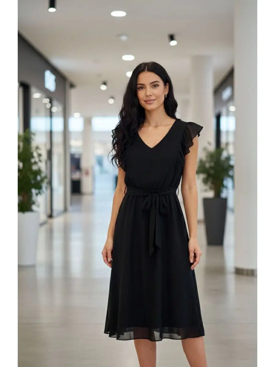 Kadın Siyah Astarlı Kuşaklı V Yaka Tül Elbise 95 cm