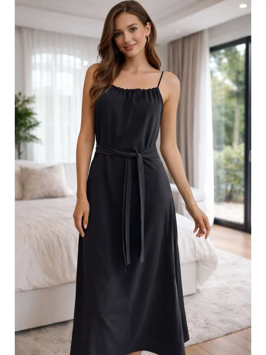 Kadın Siyah Mikro kumaş uzun yazlık elbise