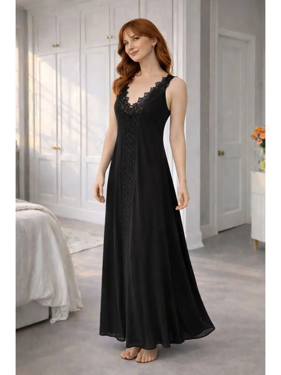 Kadın Siyah V yaka önü boydan şerit Dantel Penye Kumaş Dökümlü Elbise