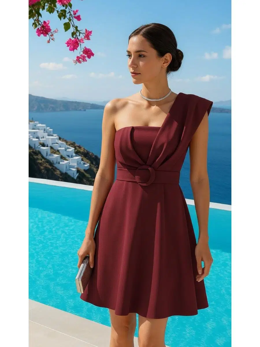 Kadın Tek Omuz Detaylı Kemerli Scuba Kumaş Mini Elbise