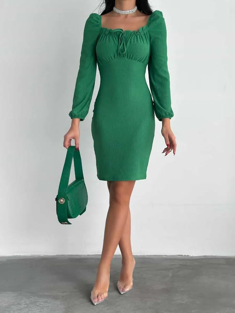 Kadın U Yaka Bağcık Detay Balon Kol Bürümcük Kumaş Elbise (Renk Seçenekli)