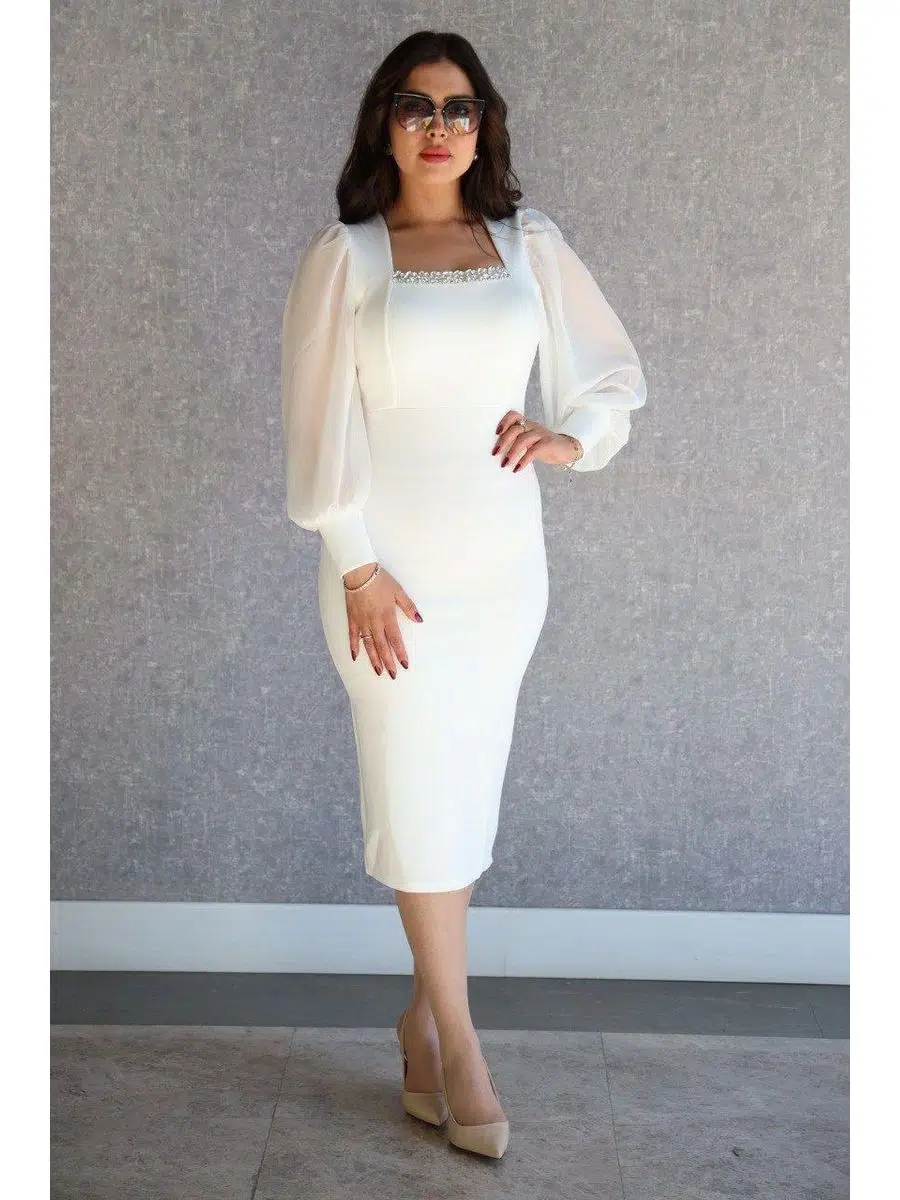 Kadın U Yaka Kolları Tül Yaka Taş Detay Abiye Elbise (Renkli)