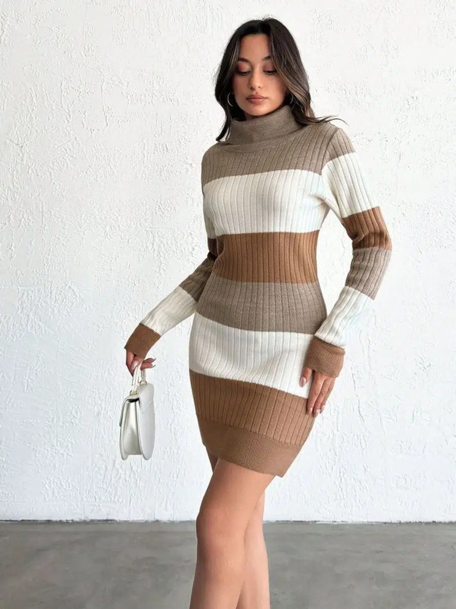 Kadın Uzun Kol Balıkçı Yaka Triko Mini Elbise