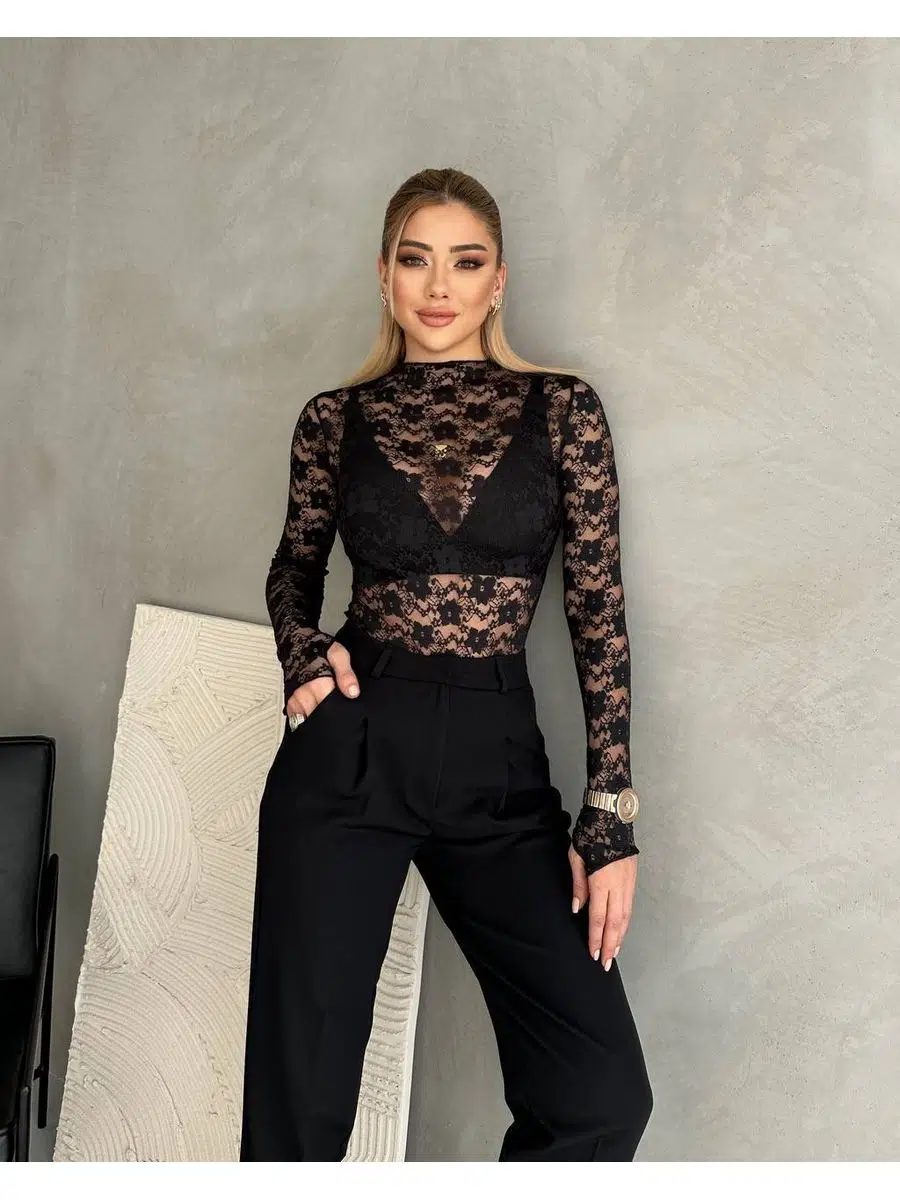 Kadın Uzun Kollu Transparan Çıtçıtlı Bodysuit Bluz