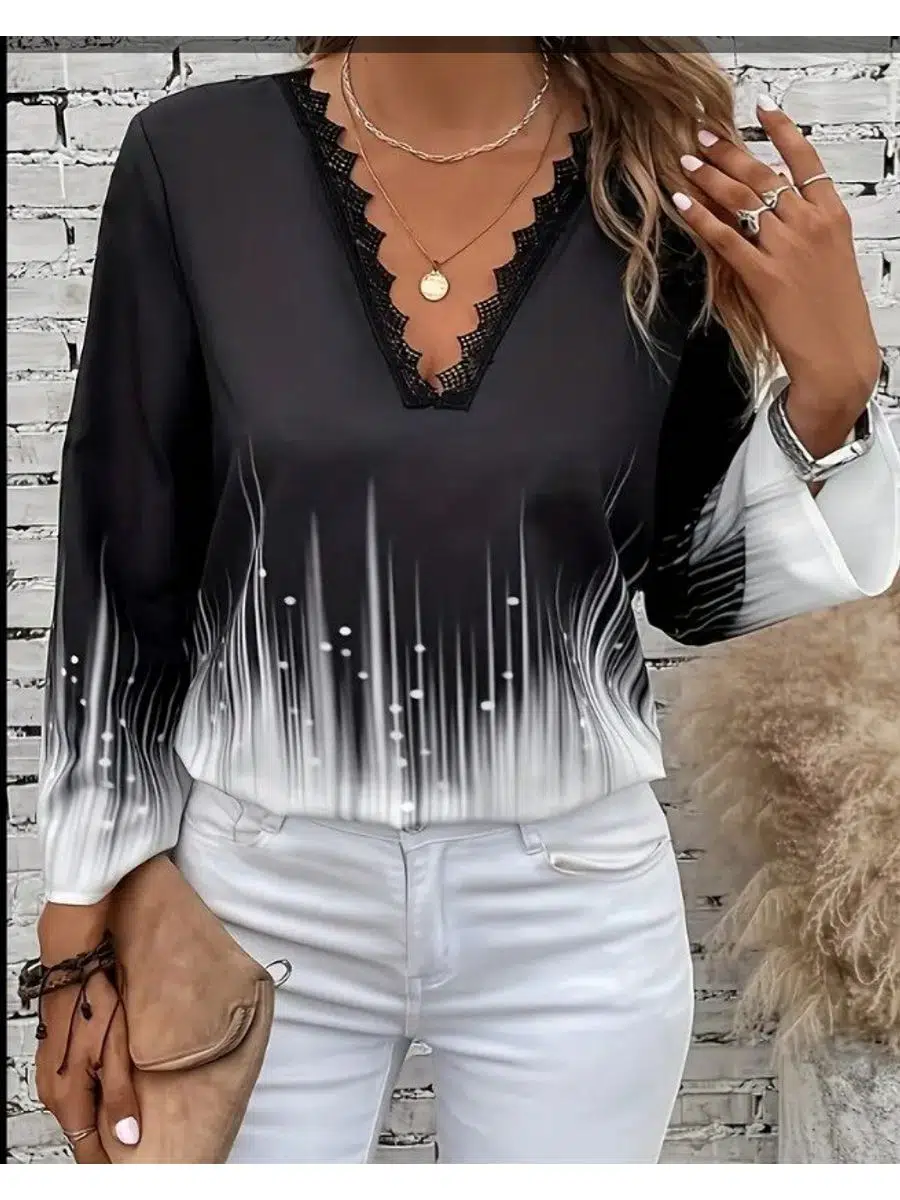 Kadın V Yaka Dantel Desen Modal Kumaş Bluz