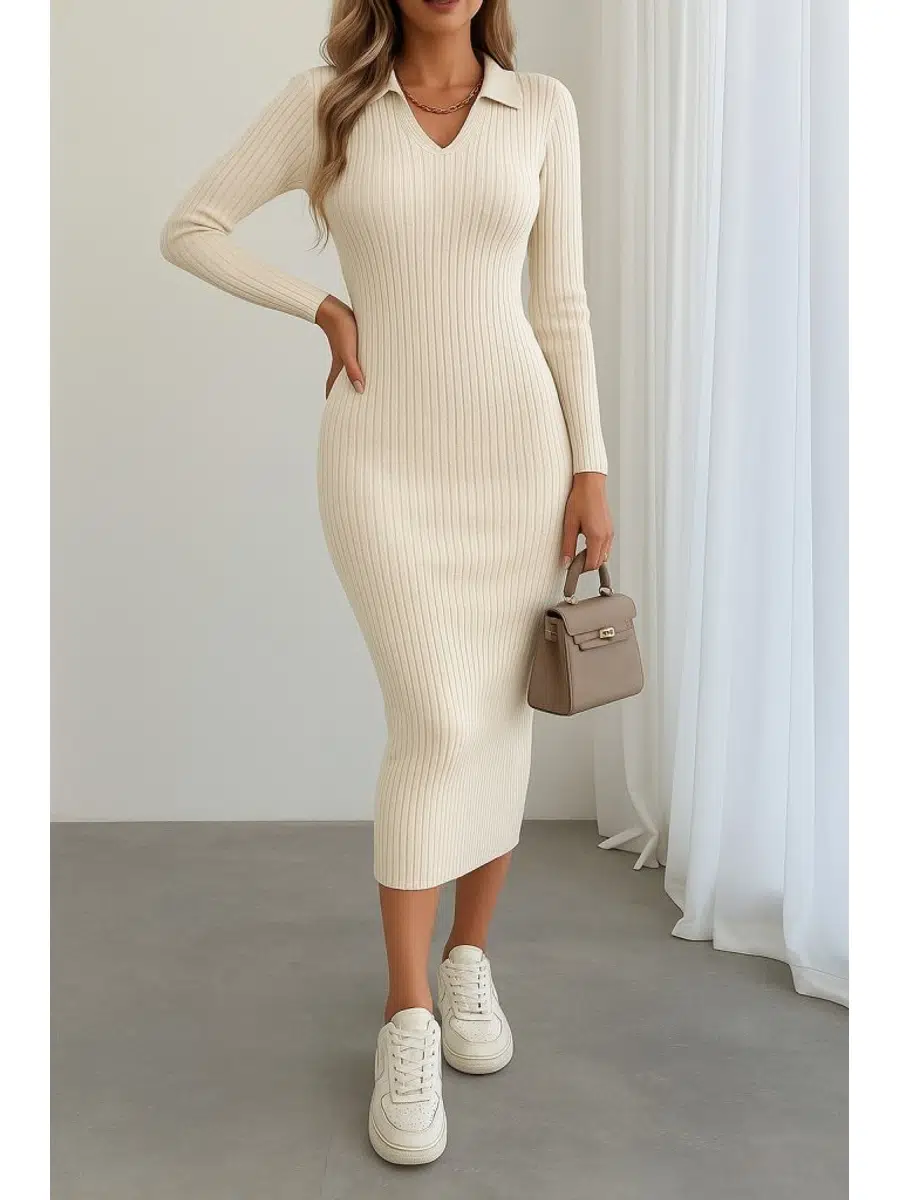 Kadın V Yaka Detay Triko Elbise