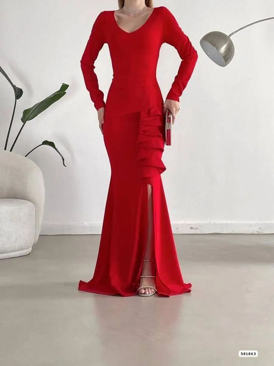 Kadın V Yaka Eteği Fırfırlı Yırtmaçlı Krep Abiye Elbise