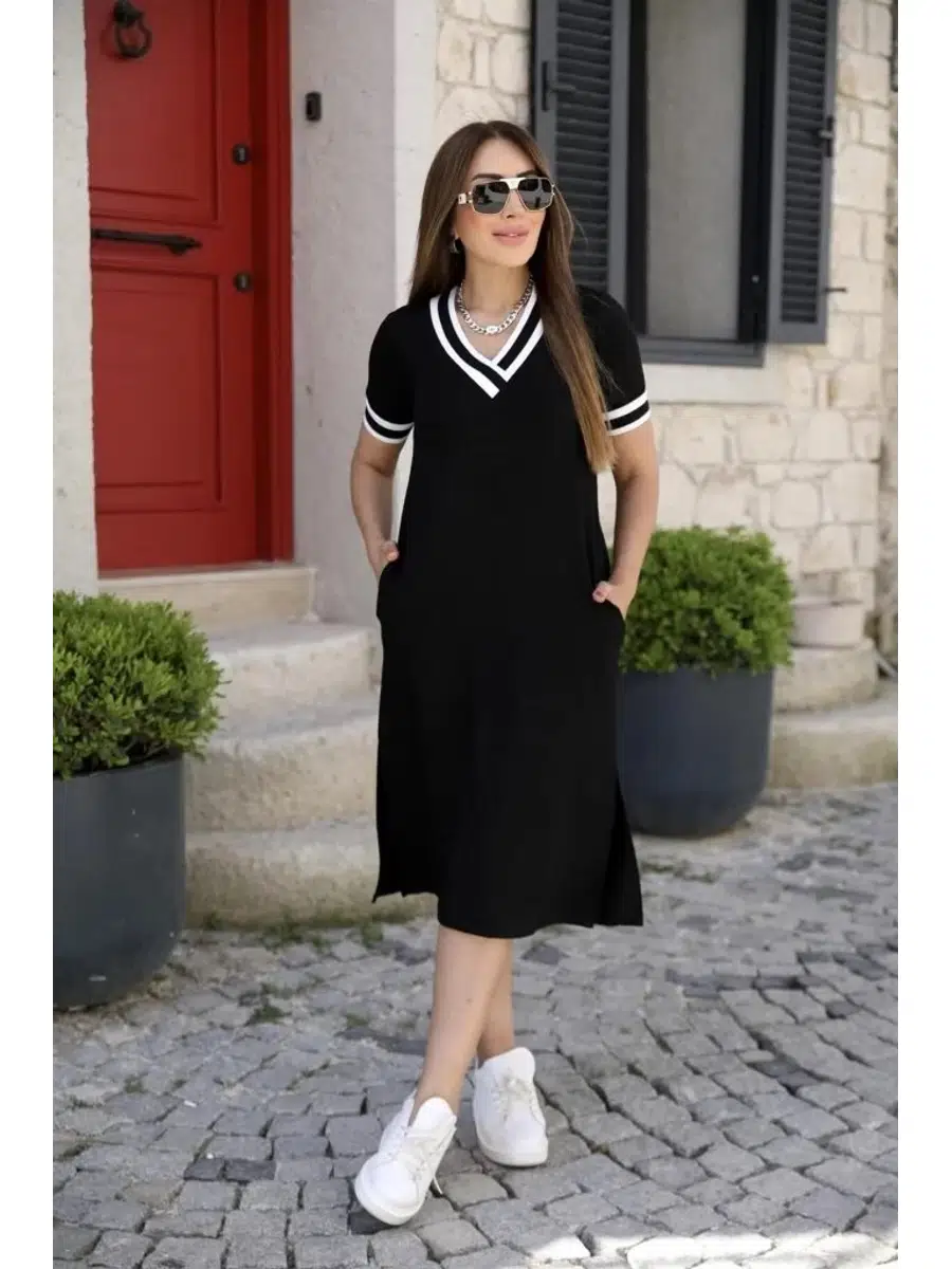Kadın V Yaka Ribana Detay Kısa Kol Midiboy Viskon elbise