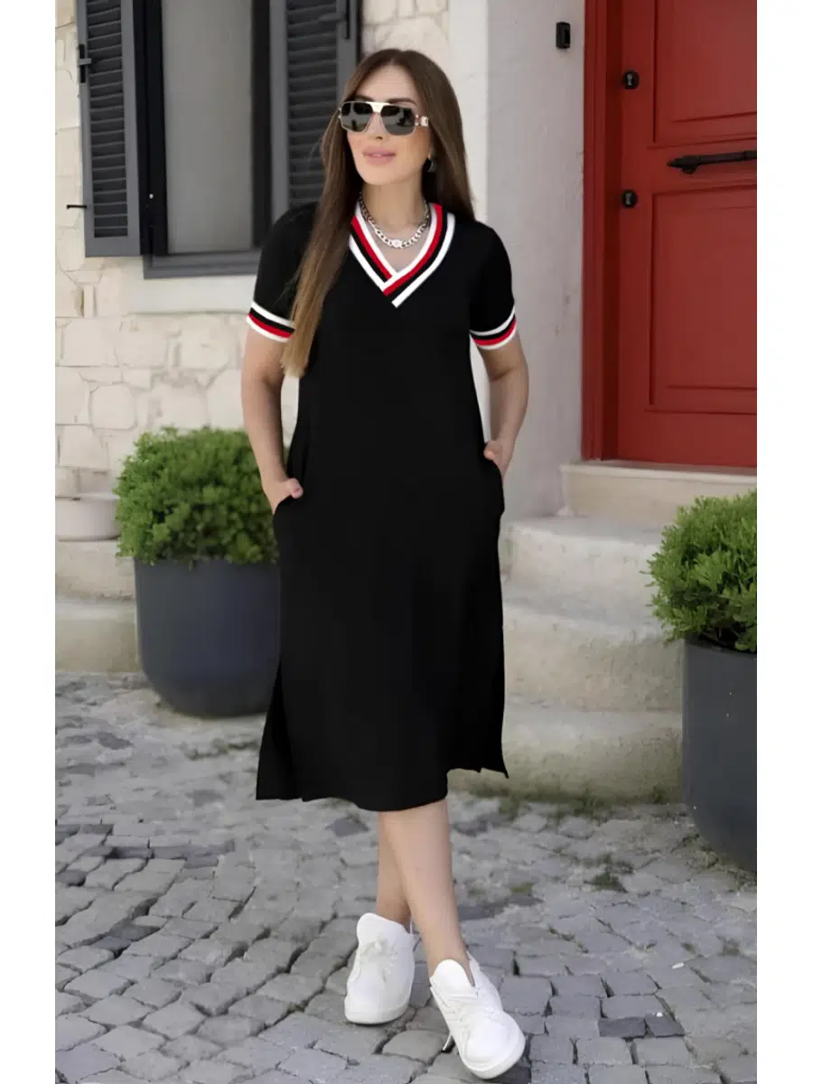 Kadın V Yaka Ribana Detay Kısa Kol Midiboy Viskon elbise - Kırmızı