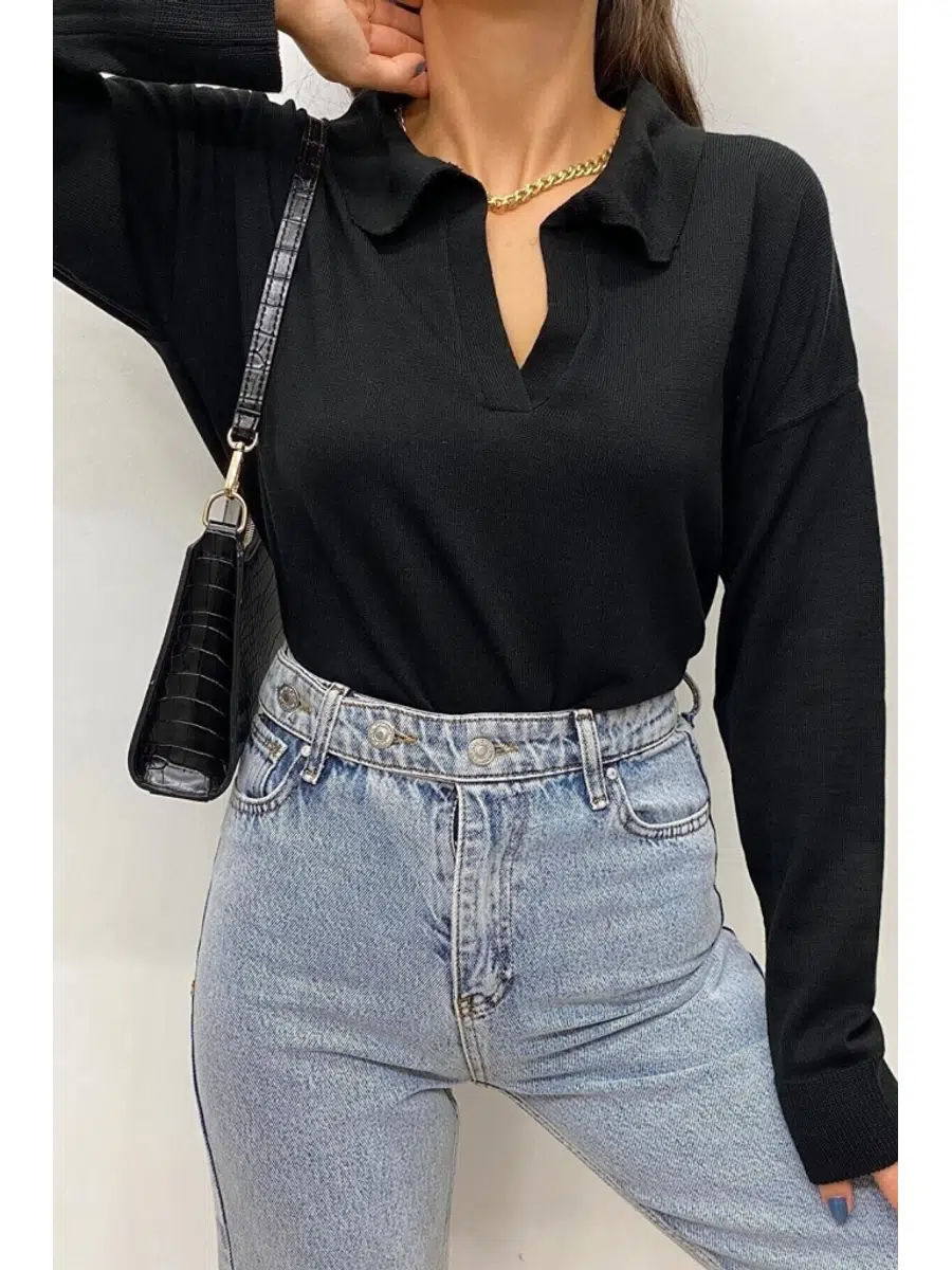 Kadın Yakalı Uzun Kollu Triko Bluz