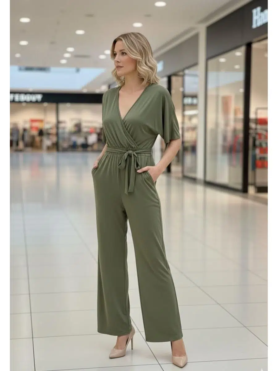 Kadın Yazlık Haki Renk Cepli Kuşaklı Arkası Fermuarlı Viskon Kumaş Tulum