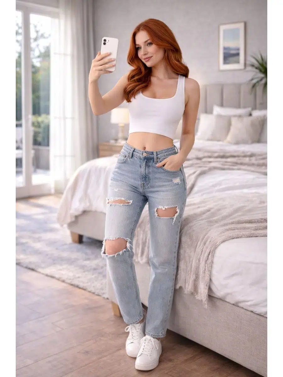 Kadın Yırtık Detay Mom Fit Jean Kot Pantolon - buz mavi