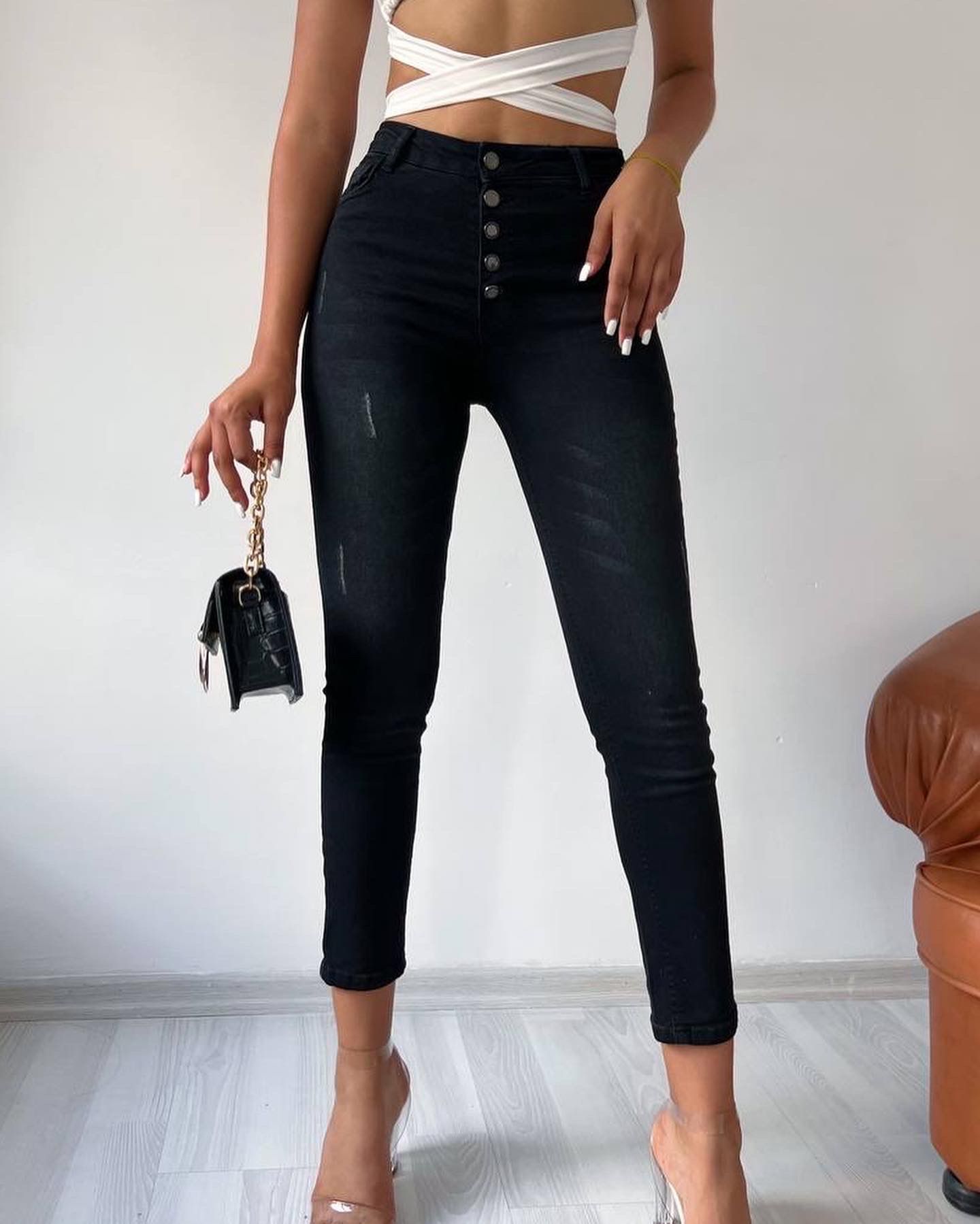 Kadın Yüksek Bel Çok Düğmeli Full Likralı Kot Pantolon Jean