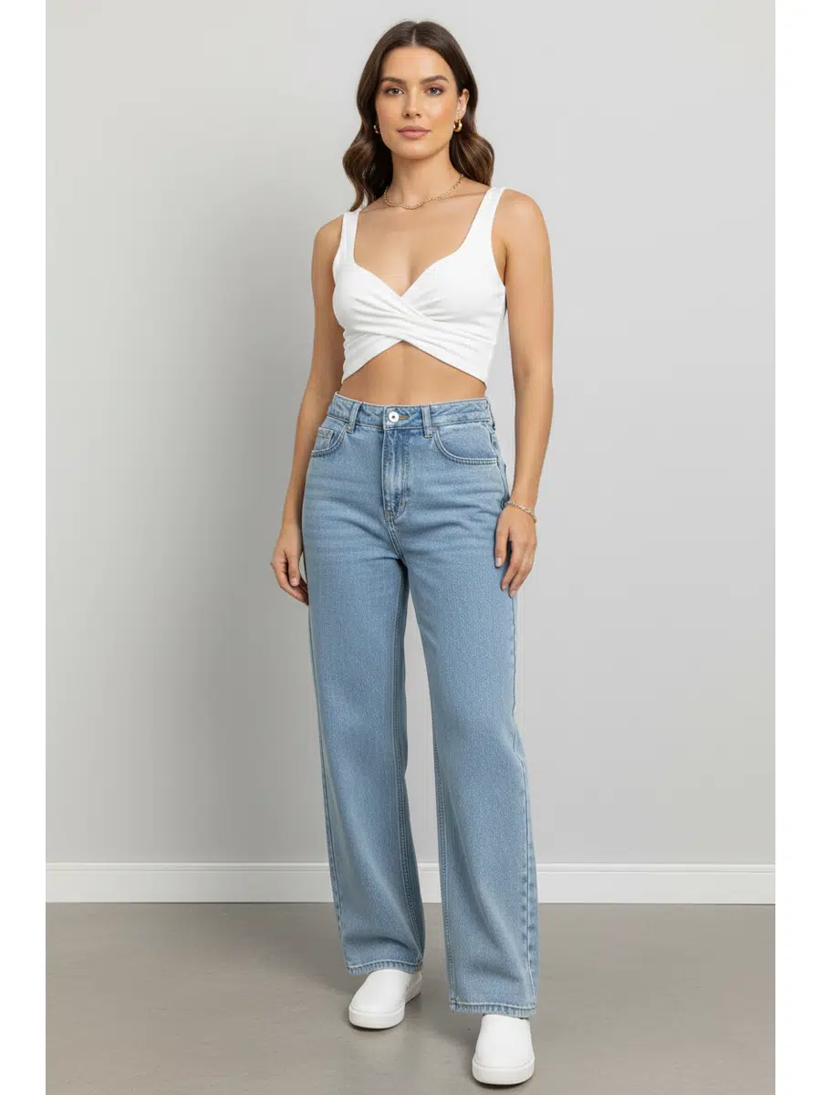 Kadın Yüksel Bel Geniş Paça Mom Jean Pantolon