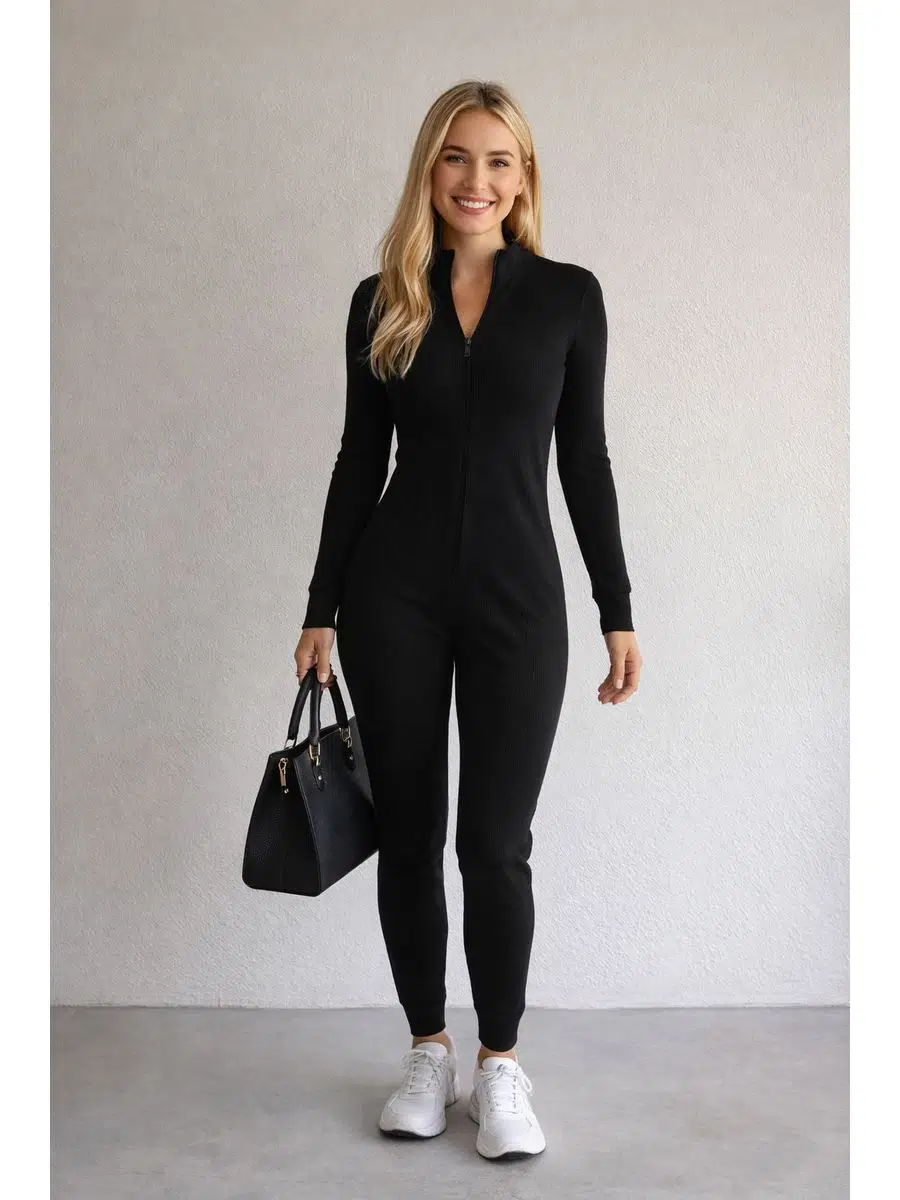 Kaşkorse esnek cepsiz ön fermuarlı tulum elbise