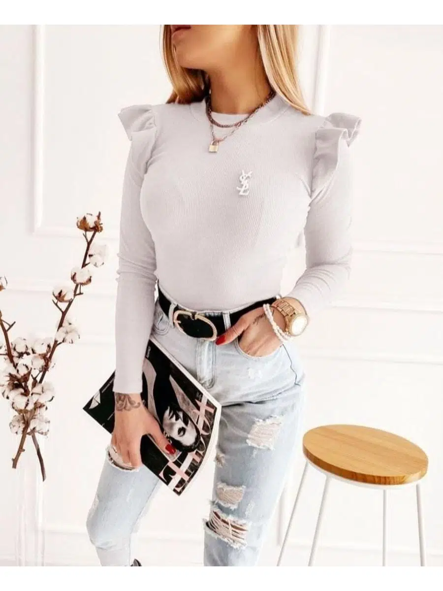 Kaşkorse kumaş omuz detaylı bluz (Beyaz)