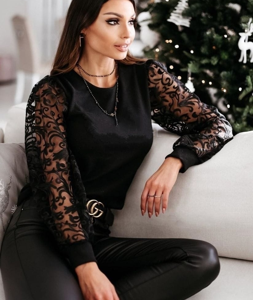 Kolları tül flok baskı sandy kumaş bluz
