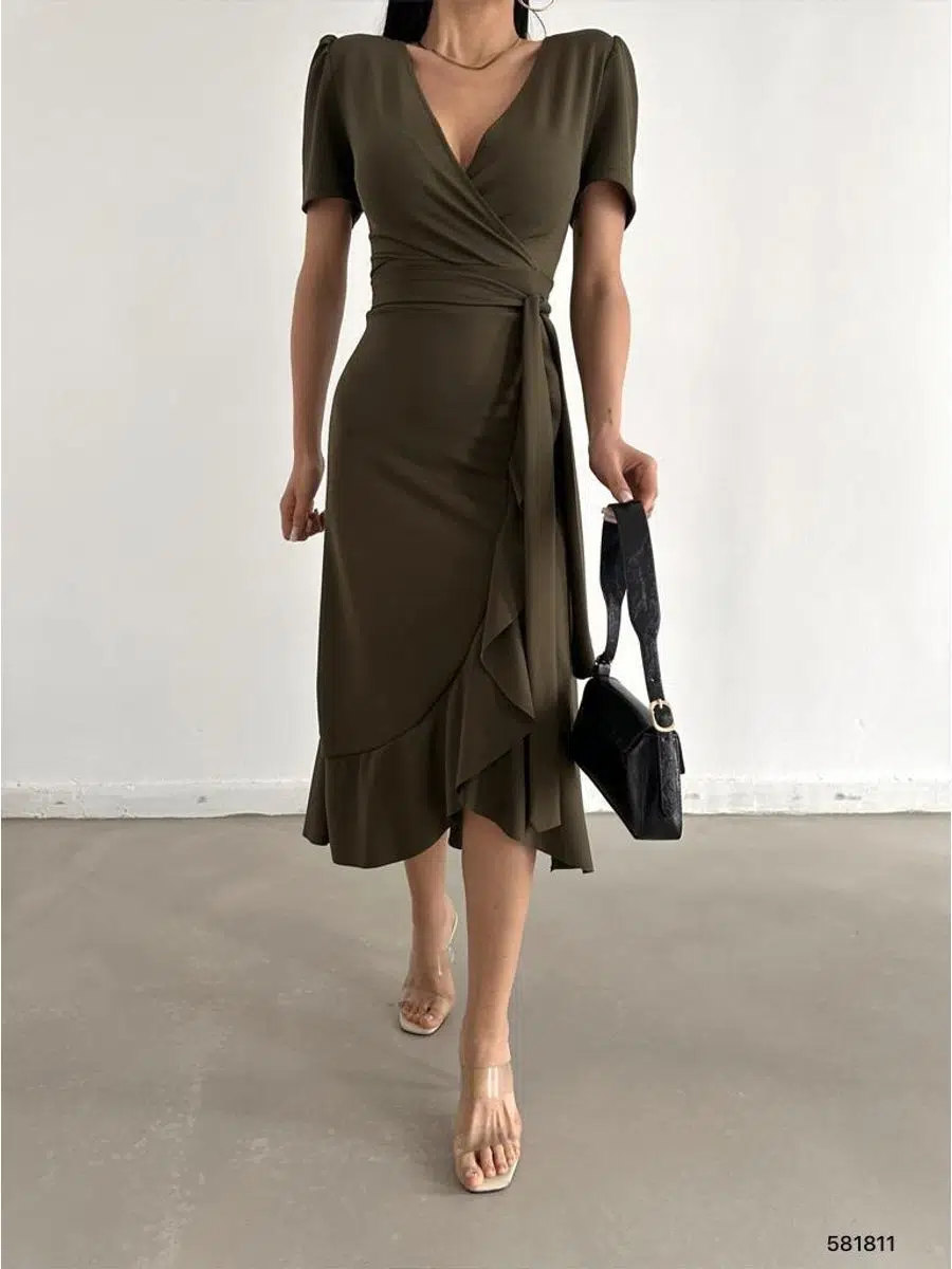 Krep Kumaş Midi Boy Kuşaklı Elbise (Renkli)