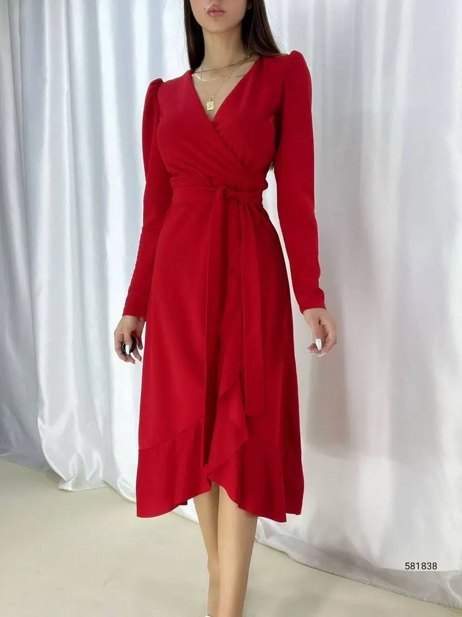 Krep Kumaş Midi Boy Kuşaklı Uzun Kol Elbise (Kırmızı)