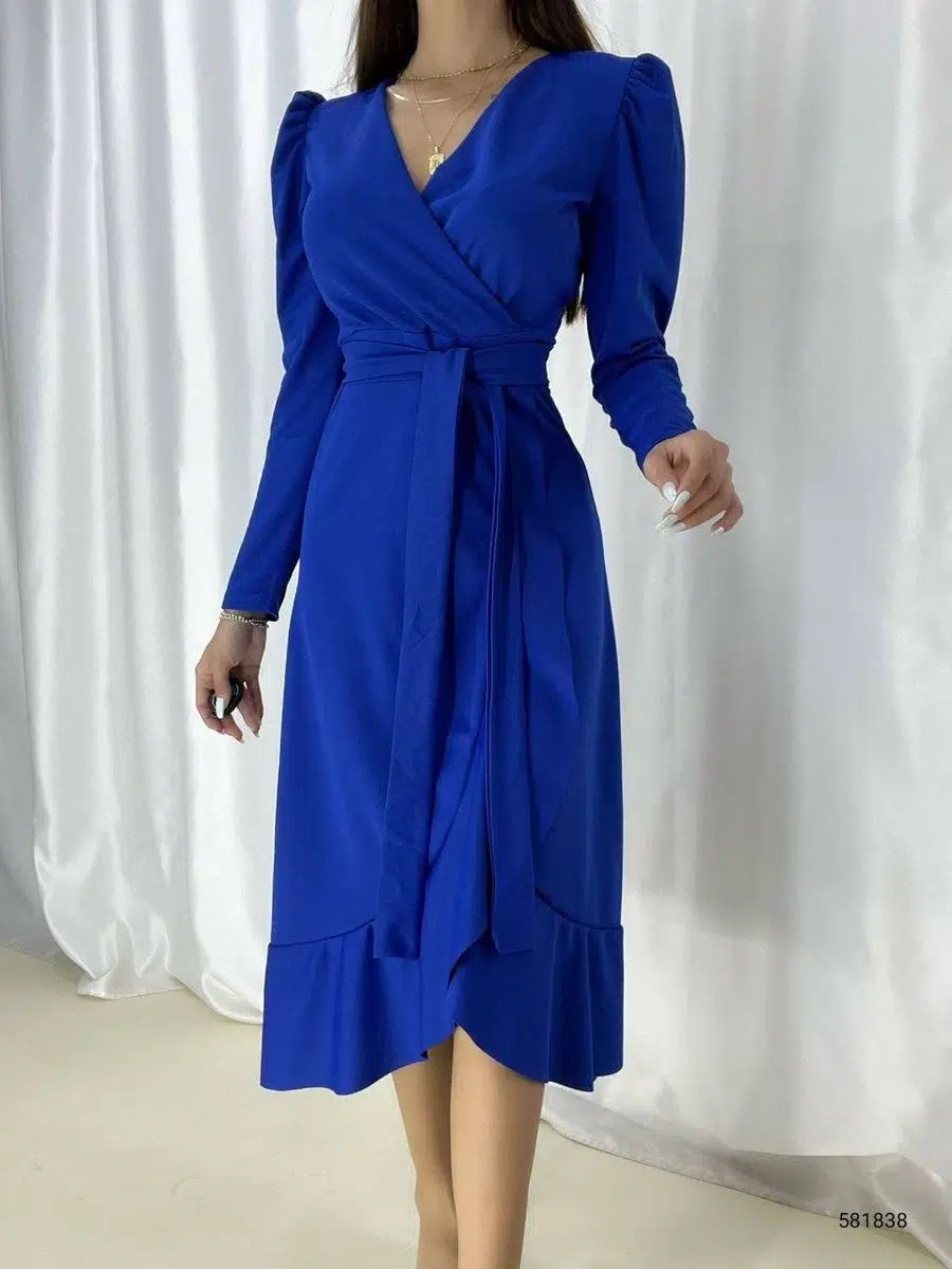 Krep Kumaş Midi Boy Kuşaklı Uzun Kol Elbise (Mavi)