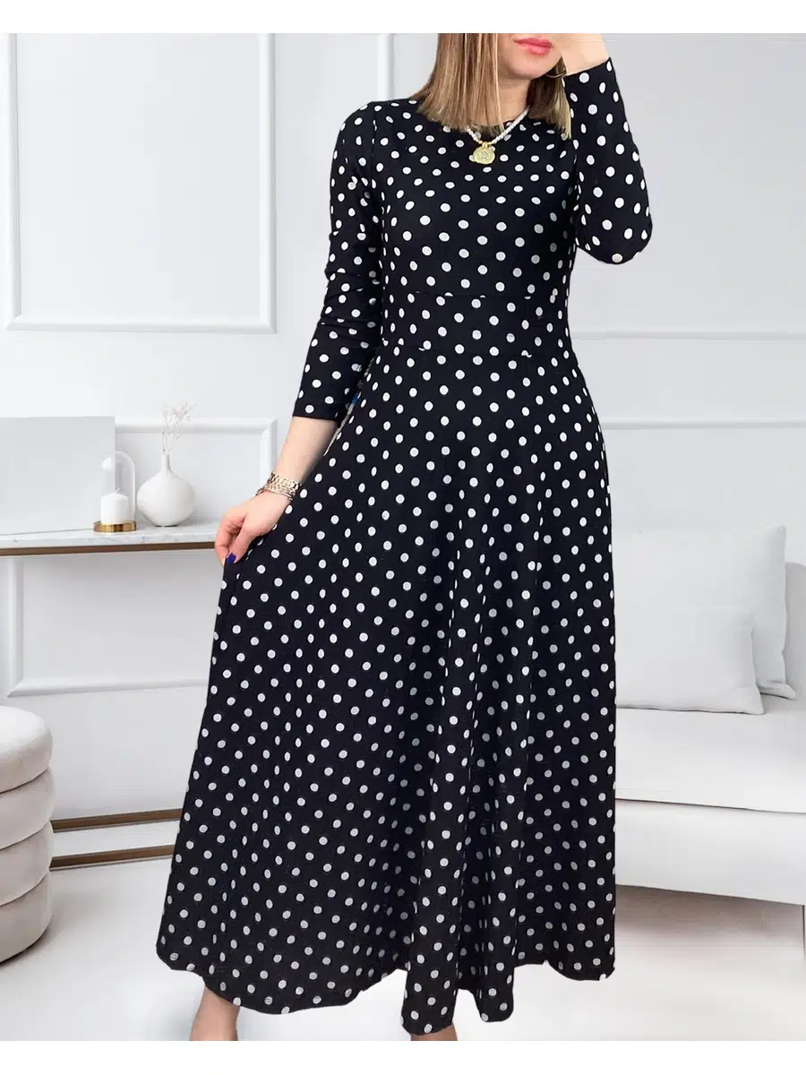 Krep Kumaş Uzun Kollu Tam Boy Puantiyeli Elbise